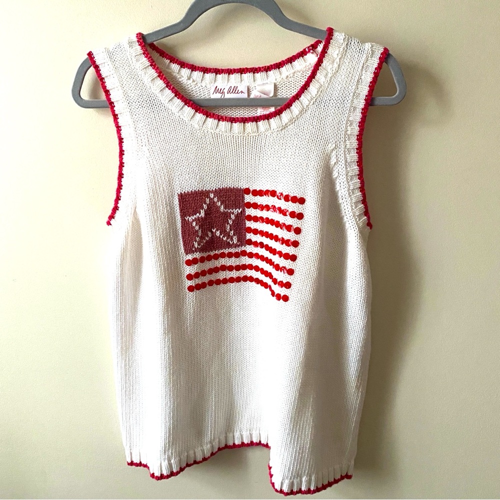 Meg Allen Liz Claiborne L Knit Sweater Vest StarRed And White With Flag Sequins